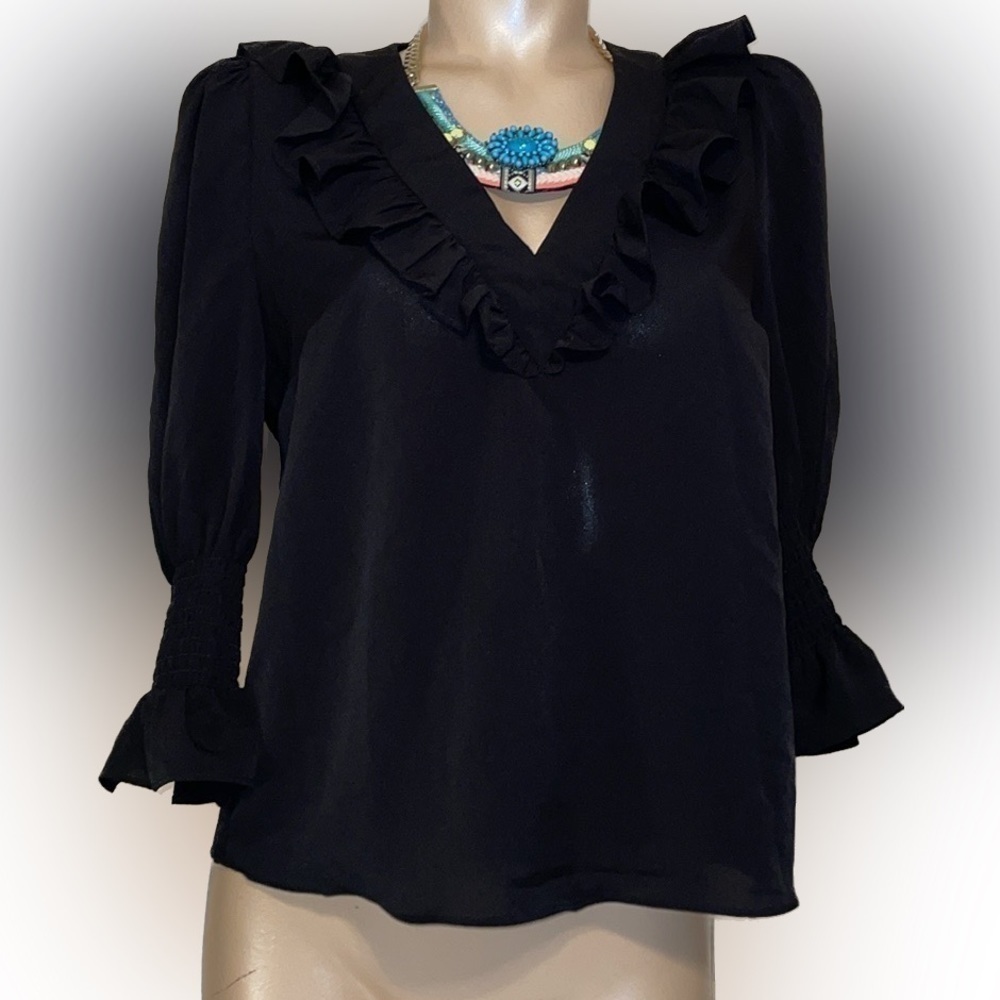 French connection womens blouse Medium top shirt black ruffle basic vneck 3/4